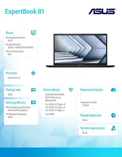 Asus Notebook ExpertBook B1 B1502CVA-BQ0109 i3-1315U/8GB/512GB/Zintegrowana/noOS