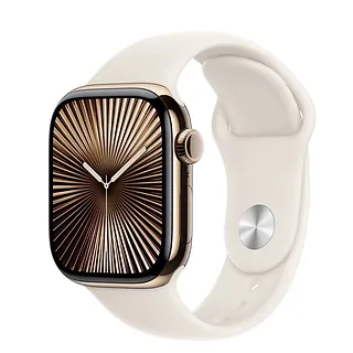 Apple Watch Series 10 GPS + Cellular, koperta 42 mm z tytanu w kolorze złotym z paskiem sportowym w kolorze księżycowej poświaty - rozmiar M/L
