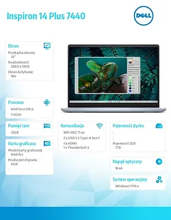 Dell Notebook Inspiron Plus 7440 Win11Pro Ultra 7 155H/32GB/1TB SSD/14.0 2.8K/Arc/FgrPr/Cam & Mic/WLAN + BT/Backlit Kb/4 Cell/3Y Basic