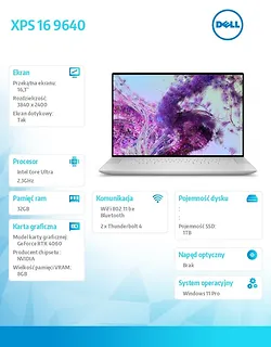 Dell Notebook XPS 16 9640 Win11Pro Ultra 9 185H/32GB/1TB SSD/16.3 OLED UHD+ Touch/GeForce RTX 4060/WLAN + BT/Backlit Kb/6 Cell/3Y Basic
