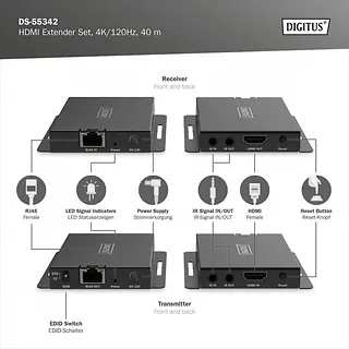 Digitus Przedłużacz/Extender HDMI 4K120Hz 40m po skrętce HDCP 2.3 IR EDID (zestaw)