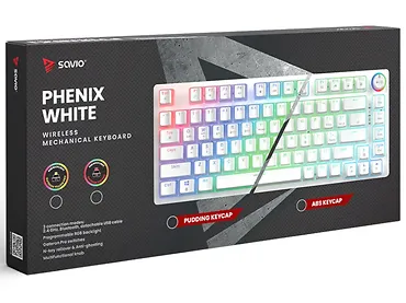 Klawiatura mechaniczna bezprzewodowa SAVIO PHENIX WHITE Gateron Yellow, Pudding