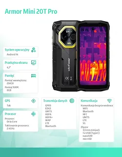 ULEFONE Smartfon Armor Mini 20T Pro 5G 4.7 cala 8/256GB IP69K termowizja Czarny