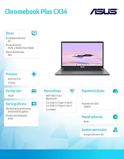 Asus Notebook Chromebook Plus CX34/CX3402 Intel Core i5-1335U/16GB/256GB/14 cali/ChromeOS/3Y