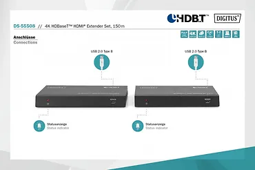 Digitus Przedłużacz / Extender HDMI HDBaseT 150m kat.5e/6/74K 60Hz PoC (Power over Cable) IR audio (zestaw)