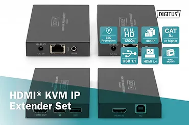 Digitus Przedłużacz / Extender KVM HDMI+USB 150m po kat.5e UTP/IP 1080p FHD 60Hz audio (zestaw)