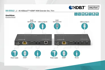 Digitus Przedłużacz/Extender KVM HDMI+USB HDBaseT 70m 4K30Hz HDCP 2.2 PoC (Power over Cable) audio IR zestaw