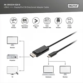 Digitus Kabel adapter USB Typ C/DisplayPort dwukierunkowy 8K 30Hz 2m