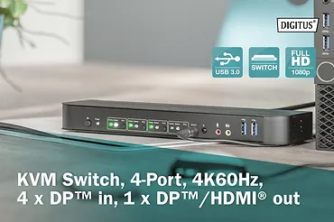Digitus Przełącznik KVM, 4 portowy, 4K 60Hz, 4x DP IN, 1x DP OUT, 1x HDMI OUT, 2x USB A, 1x Audio IN&OUT