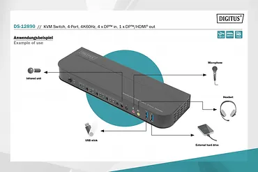 Digitus Przełącznik KVM, 4 portowy, 4K 60Hz, 4x DP IN, 1x DP OUT, 1x HDMI OUT, 2x USB A, 1x Audio IN&OUT