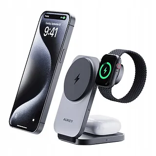 AUKEY Ładowarka bezprzewodowa LC-MC312 Slim 3w1 Qi2 15W MagSafe + ładowarka PD 30W + Etui