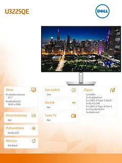 Dell Monitor U3225QE  31,5 cala IPS Black LED 4K(3840x2160)/16:9/Thunderbolt/HDMI/DP/USB-C/USB/RJ-45/3Y