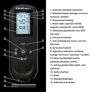 Qoltec Miernik grubości lakieru z podświetlanym bocznym wyświetlaczem LCD | 0 ~ 2000um