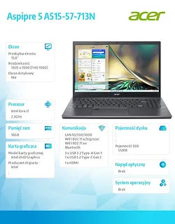 Acer Notebook Aspire 5 A515-57-713N i7-12650H 15.6" FHD 16GB 512GB NoOS szary