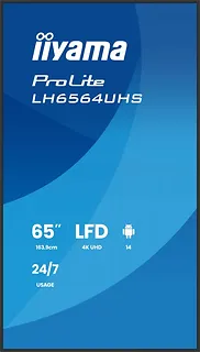 IIYAMA Monitor 65 cali LH6564UHS-B1AG, 24/7,VA,ANDROID14,4K,500cd,5000:1,    2xHDMI ,USB-C,RJ45, RS-232c, IR, 2x10W, 2xUSB, UCHWYT ŚCIENNY,iiSignage2,WiFi,Fa