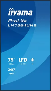 IIYAMA Monitor 75 cali LH7564UHS-B1AG, 24/7,VA,ANDROID14,4K,500cd,5000:1,    2xHDMI ,USB-C,RJ45, RS-232c, IR, 2x10W, 2xUSB, UCHWYT ŚCIENNY,iiSignage2,WiFi,Fa