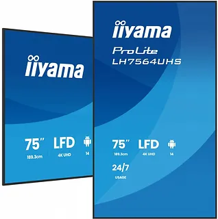 IIYAMA Monitor 75 cali LH7564UHS-B1AG, 24/7,VA,ANDROID14,4K,500cd,5000:1,    2xHDMI ,USB-C,RJ45, RS-232c, IR, 2x10W, 2xUSB, UCHWYT ŚCIENNY,iiSignage2,WiFi,Fa