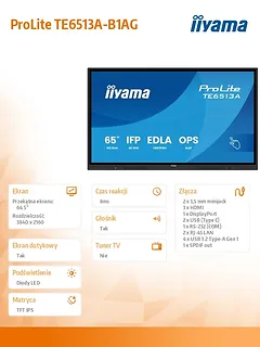 Monitor 65 cali TE6513A-B1AG INFRARED,40pkt,IPS,4K,7H,450cd/m2,      WiFi,USB, ANDROID 14, Google EDLA,2x20W, UCHWYT CIENNY