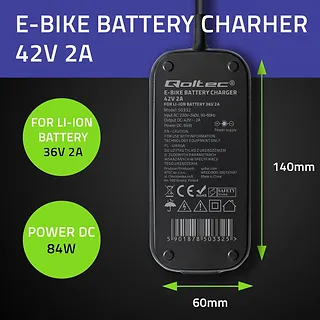 Ładowarka do roweru skutera elektrycznego 36V | 42V | 2A | 5.5*2.1 | wodoodporna + kabel zasilający