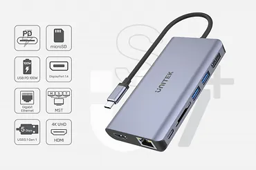 HUB USB-C 2x USB 3.1, HDMI 2.0, DP 1.4, RJ45, SD, PD 100W; D1056A