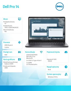 Laptop Dell Pro 14 PC14255/AMD Ryzen 5 220/8GB/256GB/14.0 FHD+/AMD Radeon 740M/FgrPr/Cam&Mic/WLAN+BT/Backlit Kb/3 Cell/W11Pro