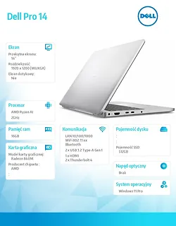 Laptop Dell Pro 14 PC14255/AMD Ryzen AI 5 PRO 340/16GB/512GB SSD/14.0 FHD+/Radeon 840M/FgrPr/FHD/IR Cam/Mic/WLAN+BT/Backlit Kb/3 Cell/W11Pro