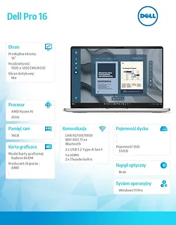 Laptop Dell Pro 16 PC16255/AMD Ryzen AI 5 PRO 340/16GB/512GB SSD/16.0 FHD+/Radeon 840M/FgrPr/FHD/IR Cam/Mic/WLAN+BT/Backlit Kb/3Cell/W11P