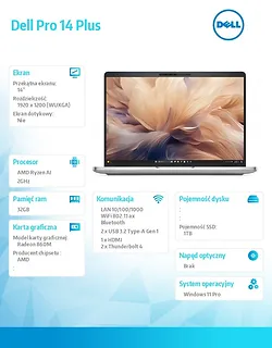 Laptop Dell Pro 14 Plus PB14255/Ryzen AI 7 PRO 350/32GB/1TB SSD Gen4/14.0 FHD+/Radeon 860M/FgrPr&SmtCd/FHD/IR Cam/Mic/WLAN+BT/Backlit Kb/3 Cell/W11P