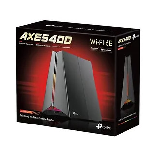TP-LINK Router AXE5400 Tri-Ban Wi-Fi 6E Gaming Router SPEED: 574 Mbps at 2.4 GHz + 2402 Mbps at 5 GHz + 2402 Mbps at 6 GHz          SPEC: 4
