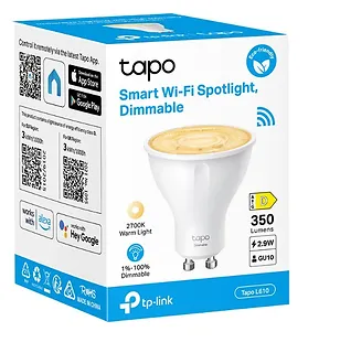 TP-LINK Żarówka punktowa Smart Wi-Fi z możliwością ściemniania                        SPEC: 2.4 GHz, IEEE 802.11b/g/n, GU10 Base, 220-240 V, 50/60 Hz, 350 lm,
