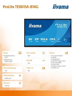 IIYAMA Monitor 86 cali TE8615A-B1AG IPS,4K,40pkt,550cd,DeepContrast-IR+,    HDMI x2,DP,USB-C, 2 x 20W, OPS Slot x1, 5xUSB, 2xRJ45,8-Array,EDLA, WiFi,PiP, iiW