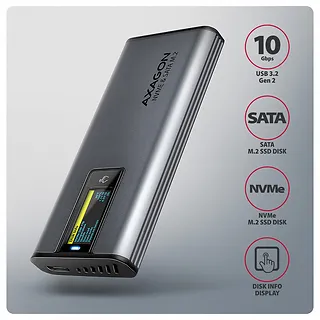AXAGON EEM2-SD2 Obudowa zewnętrzna aluminiowa bezśrubowa USB-A/C 3.2 Gen2 M.2 NVMe/SATA display LCD
