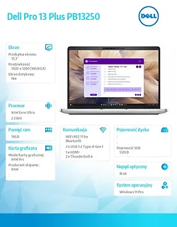 Laptop Dell Pro 13 Plus PB13250 W11P Ultra 7 266V/16GB/512GB/13.3 FHD+/Arc/FgrPr&SmtCd/FHD/IRCam/Mic/WWAN Ready+BT/BcklKb/3C/vPro/3YPS Silver