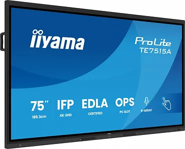IIYAMA Monitor 75 cali TE7515A-B1AG IPS,4K,40pkt,550cd,DeepContrast-IR+,    HDMI x2,DP,USB-C, 2 x 20W, OPS Slot x1, 5xUSB, 2xRJ45,8-Array,EDLA, WiFi,PiP, iiW