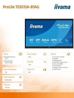 IIYAMA Monitor 65 cali TE6515A-B1AG IPS,4K,40pkt,550cd,DeepContrast-IR+,    HDMI x2,DP,USB-C, 2 x 20W, OPS Slot x1, 5xUSB, 2xRJ45,8-Array,EDLA, WiFi,PiP, iiW