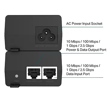 TP-LINK Injector Adapter Omada 2.5G PoE+  PORT: 1× 2.5G PoE Port, 1× 2.5G Non-PoE Port