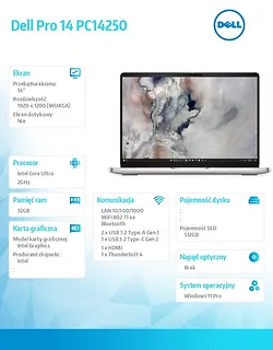 Laptop Dell Pro 14 PC14250 W11P U7 255U/32GB/512GB/14.0 FHD+/INT/FgrPr/FHD/IRCam/Mic/WLAN+BT/BcklKb/3C/3YPS Platinum