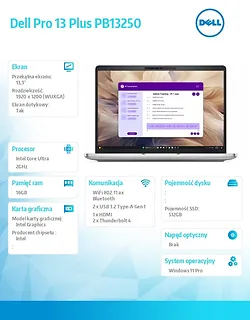 Laptop Dell Pro 13 Plus PB13250 W11P U5 235U/16GB/512GB/13.3 FHD+ Touch/Int/FgrPr&SmtCd/FHD/IRCam/Mic/WLAN+BT/BcklKb/3C/vPro/3YPS Aluminum