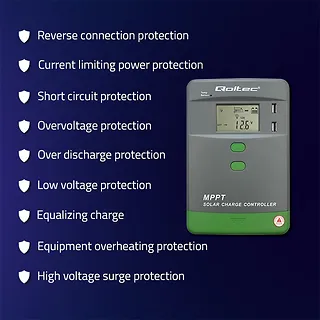 Qoltec Solarny regulator ładowania MPPT z czujnikiem temperatury 30A |  12V/24V | LCD | 2xUSB | Bluetooth | APP | GEL | LiFePO4