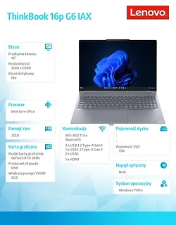 Lenovo Notebook ThinkBook 16p G6 21R0001TPB W11Pro Ultra 9 275HX/2x16GB/1TB/RTX 5060 8GB/16.0 WUXGA/Luna Grey/1YR Premier WHB + 3YR OS + CO2 Offset