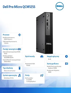Komputer Dell Pro Micro QCM1255 W11Pro Ryzen 5 Pro 8600GE/16GB/512GB/Integrated/WLAN + BT/Kb/Mouse/3YPS