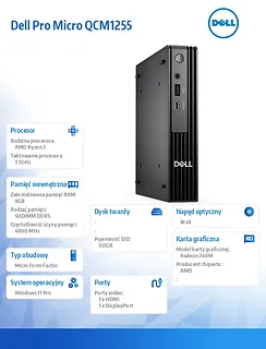 Komputer Dell Pro Micro QCM1255 W11Pro Ryzen 3 8300GE/8GB/512GB SSD/Integrated/WLAN + BT/Kb/Mouse/3YPS