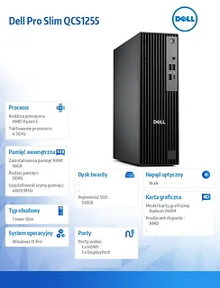Komputer Dell Pro Slim QCS1255 W11Pro Ryzen 5 8600G/16GB/512GB SSD/Integrated/WLAN + BT/Kb/Mouse/3YPS