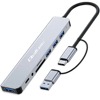 Qoltec HUB Adapter 8w1 USB-C/USB | USB-C | 4xUSB | SD/TF card | Jack    3.5mm TRRS