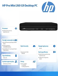 HP Inc. Komputer  Pro Mini 260 G9 i5-1335U 256GB/8GB/W11P       B6ZA7ET
