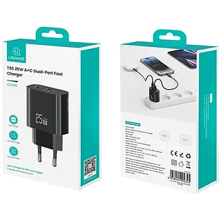 USAMS Ładowarka sieciowa 25W 1xUSB-C 1xUSB-A Fast Charging Czarna