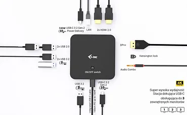 i-tec Stacja dokująca USB-C DP Dual HDMI Power Delivery 100W + Uniwersalna Ładowarka 100W