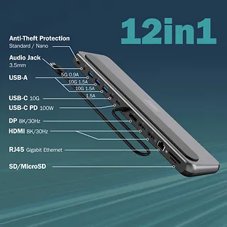 Digitus Stacja dokująca USB-C 12 portowa, max. 8K/30Hz z HDR, HDMI, DP, max. 3 monitory (MST), USB-C 3.2 Gen2, Gigabit Ethernet, SD/Micro SD, PD 100W