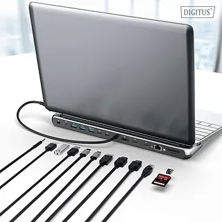 Digitus Stacja dokująca USB-C 12 portowa, max. 8K/30Hz z HDR, HDMI, DP, max. 3 monitory (MST), USB-C 3.2 Gen2, Gigabit Ethernet, SD/Micro SD, PD 100W