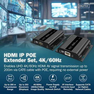 Digitus Przedłużacz (extender) po skrętce kat.6 HDMI 4K/60Hz przez IP 1G lub do 120m/200m z PoE, max. 253 odbiorniki, sterowanie IR - zestaw